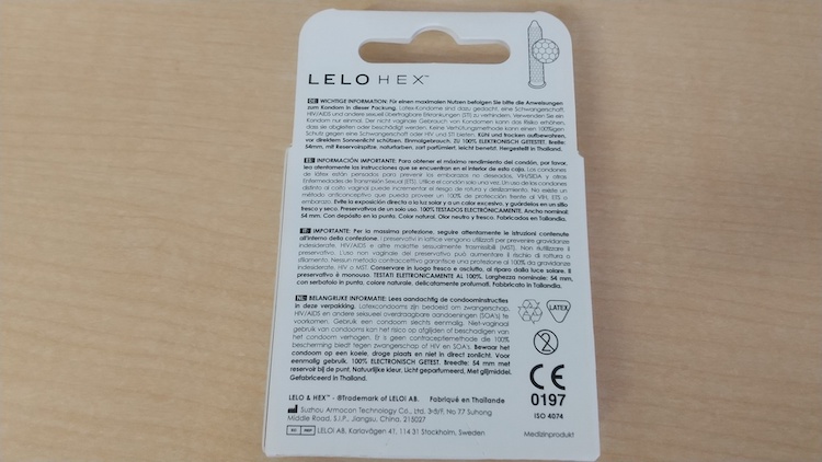 LELO（レロ）HEX ORIGINALコンドームのパッケージ裏面
