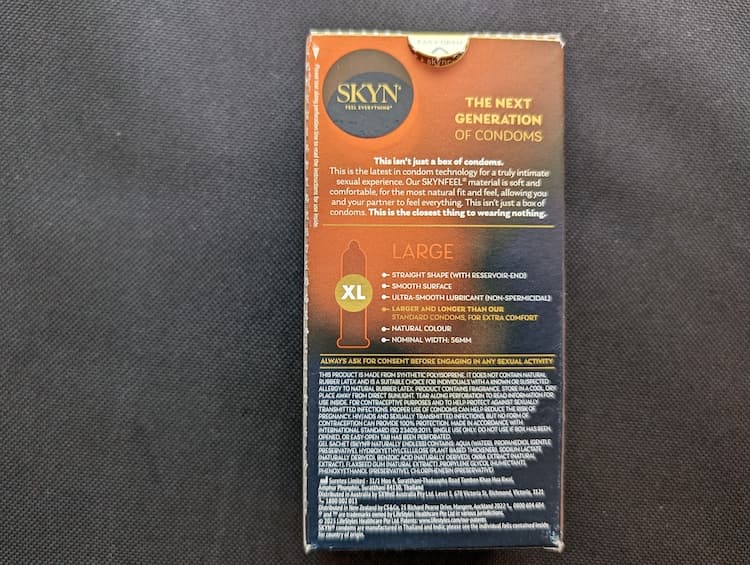 SKYN XL（オーストラリア）のパッケージ裏面
