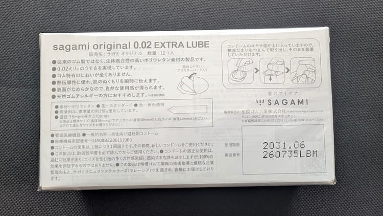 サガミオリジナル0.02 EXTRA LUBのパッケージ裏面
